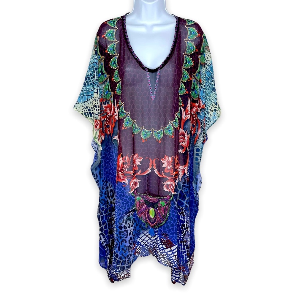 Alberto Makali Multi Color Print Embellished Caftan Tunic Coverup Size S